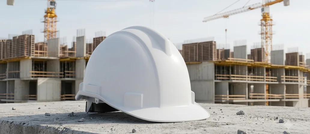 Hard hat on a construction site, representing on-ground labour compliance