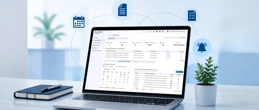 RegTrack compliance dashboard open on a laptop