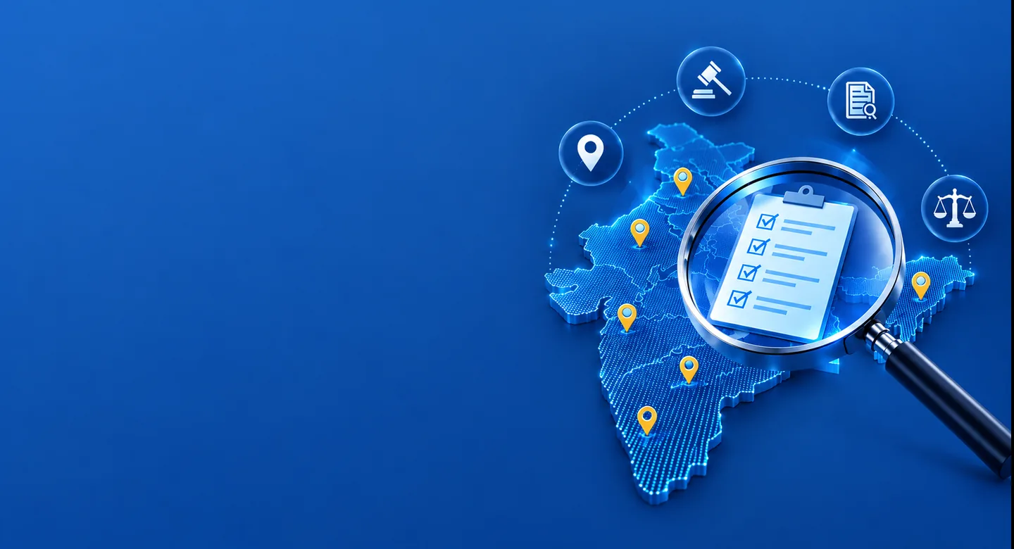 A magnifying glass over a compliance checklist on a 3D map of India, with location pins marking audited sites